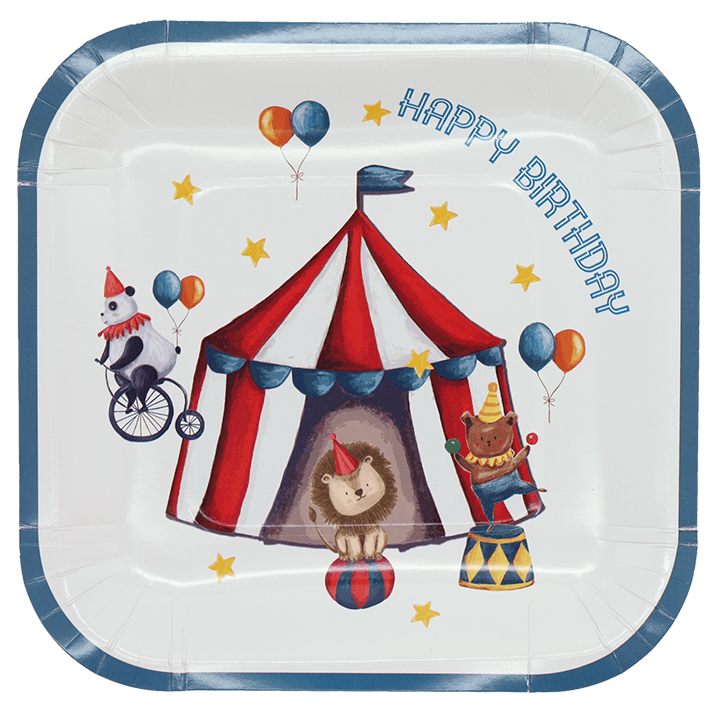 Set of 8 Circus Square Plates by Party Partners, colorful party plates with playful circus design for celebrations.